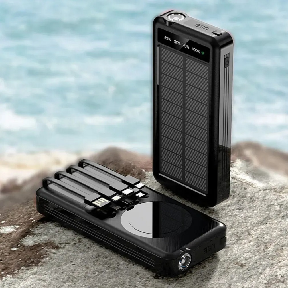 Павербанк універсальний на 50000 мАг 4 кабелі, з бездротовою зарядкою та сонячною панеллю, повербанк з ліхтариком, powerbank